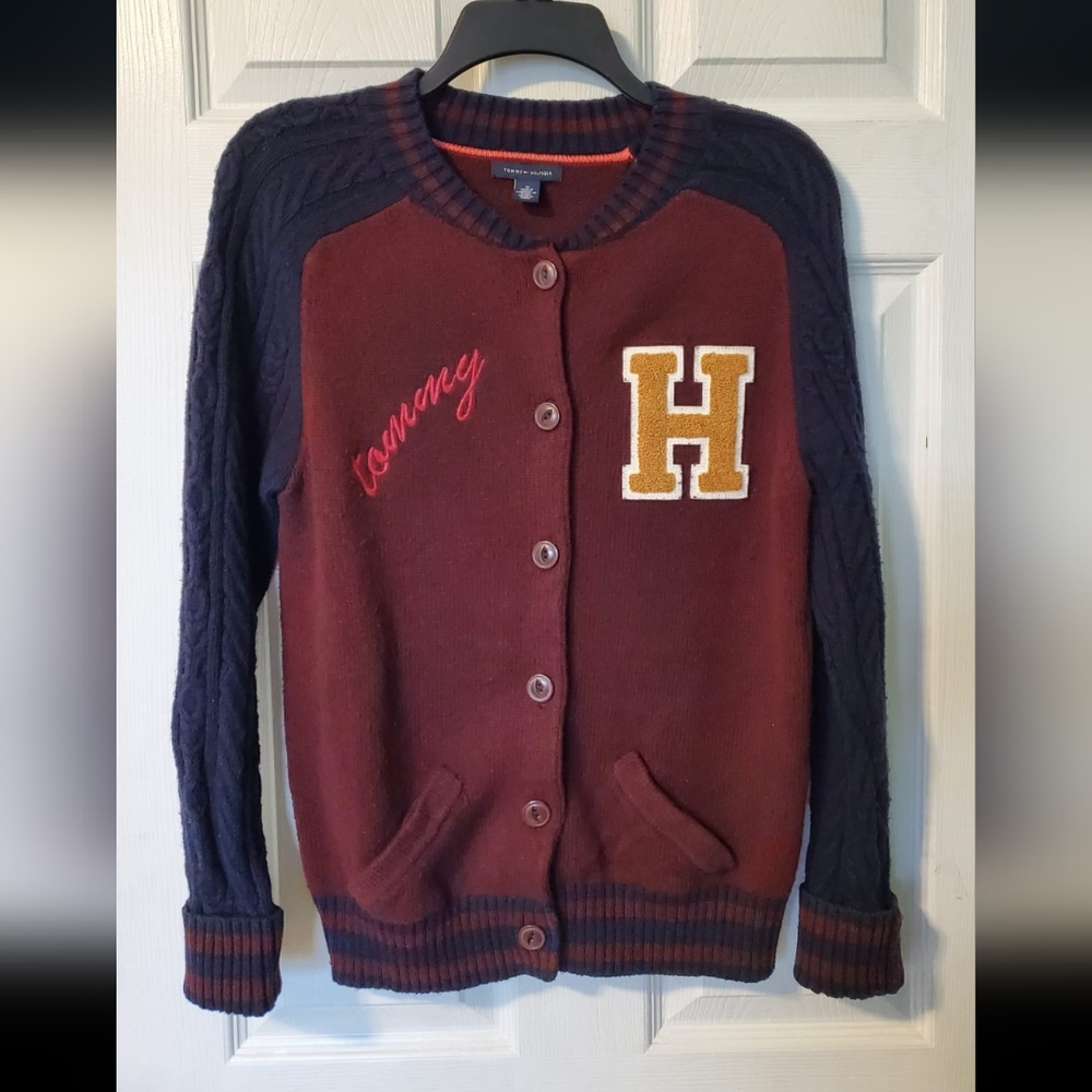 Tommy Hilfiger Retro Varsity Letterman Cardigan Burgundy & Navy Sweater Size M